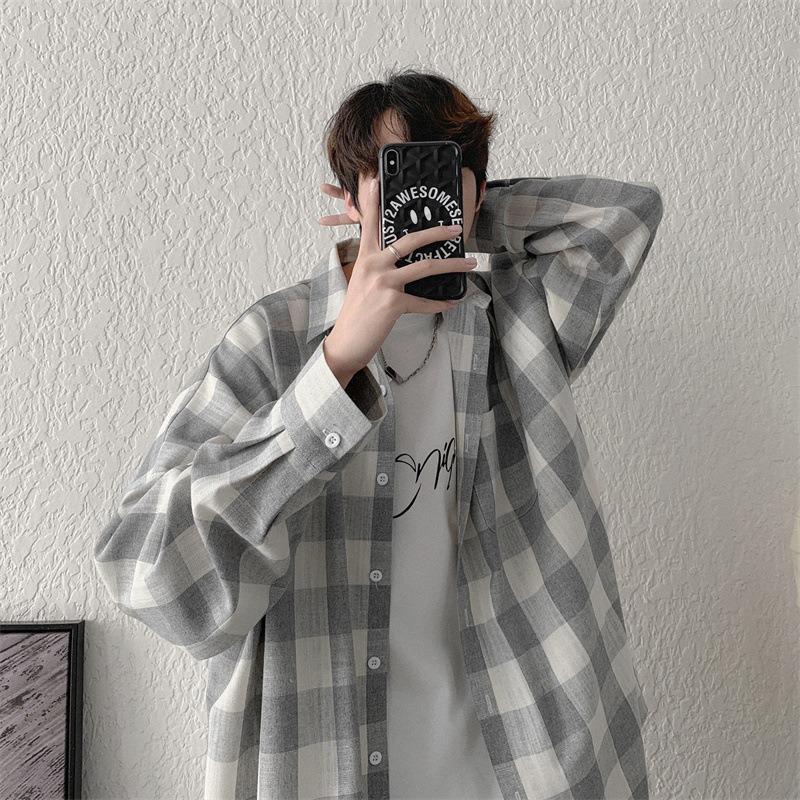 Autumn Checkered Shirt Men's Long Sleeved Ins Hong Kong Style Cool Casual Shirt