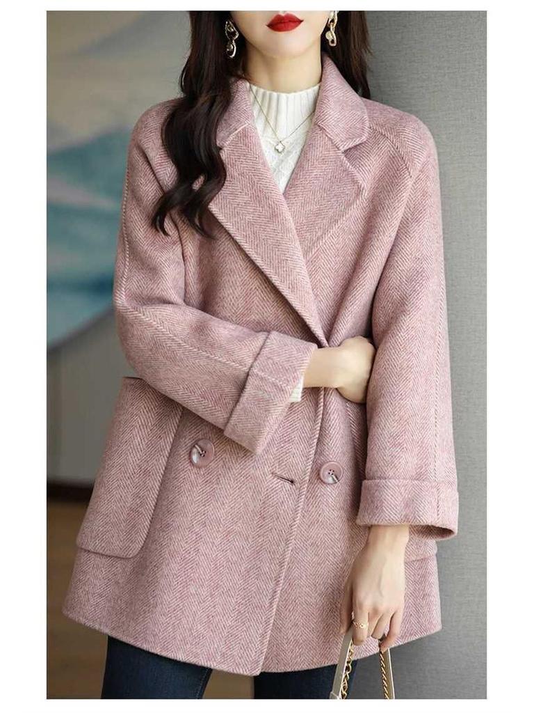 Douyin Autumn/Winter Chic Herringbone Petite Wool Mid-Length Coat for Women