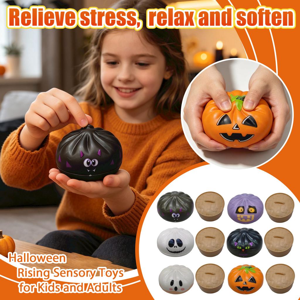 Halloween Dumpling Toys 6 Pack Slow Rising Stress Toy with Steamer Basket, Assorted Styles