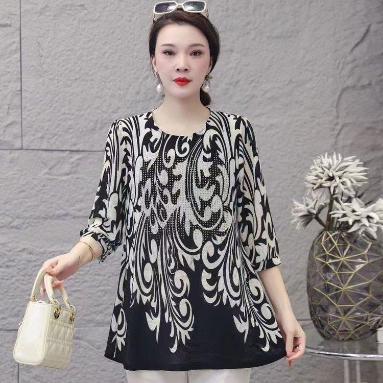 Women Round Neck Spring Summer Minimalist Commute Printed Diamonds 3/4 Sleeve Loose Midi Pullover T-shirts Tops Plus Size