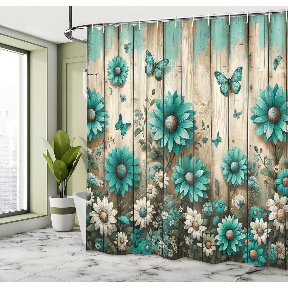 Country-Style Shower Curtain With Vibrant Daisy And Butterfly Floral Pattern, Durable Fabric For Bathroom Decor
