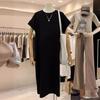 Women's Cotton T-shirt Dress O Neck Short Sleeve Solid Color Loose Midi Casual Dress