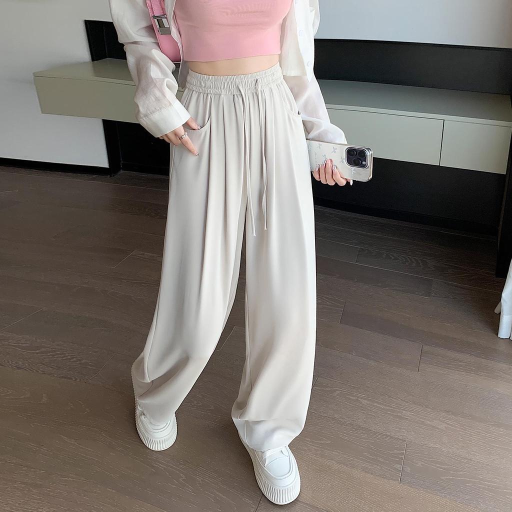 Women's High-Waist Summer Silk Wide-Leg Floor-Length Pants, Versatile & Slimming (Style 66248#)