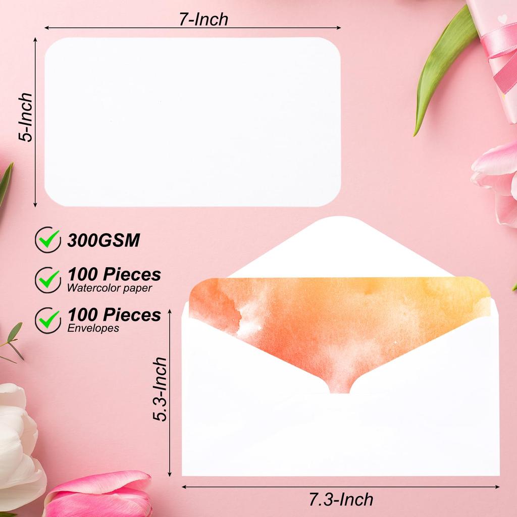 PATIKIL 100-Pack Pure Cotton Watercolor Cards, 140lb/300GS, Medium Size, Postcards with Rounded Corners and Envelopes, for Art, Painting, Creative Use