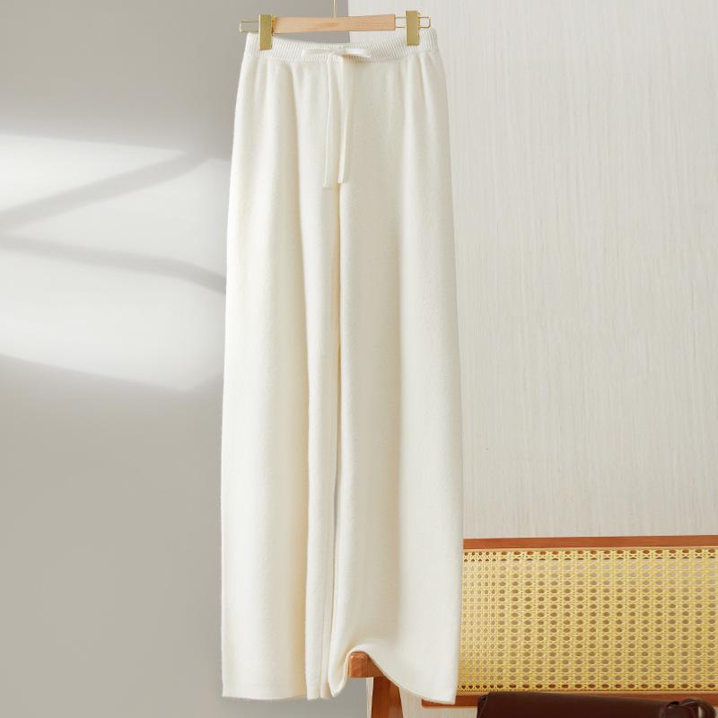 Women's 100% Wool Wide-Leg Knit Pants, Floor-Length, High-Waisted, Slimming, Casual Loose Fit for Autumn and Winter