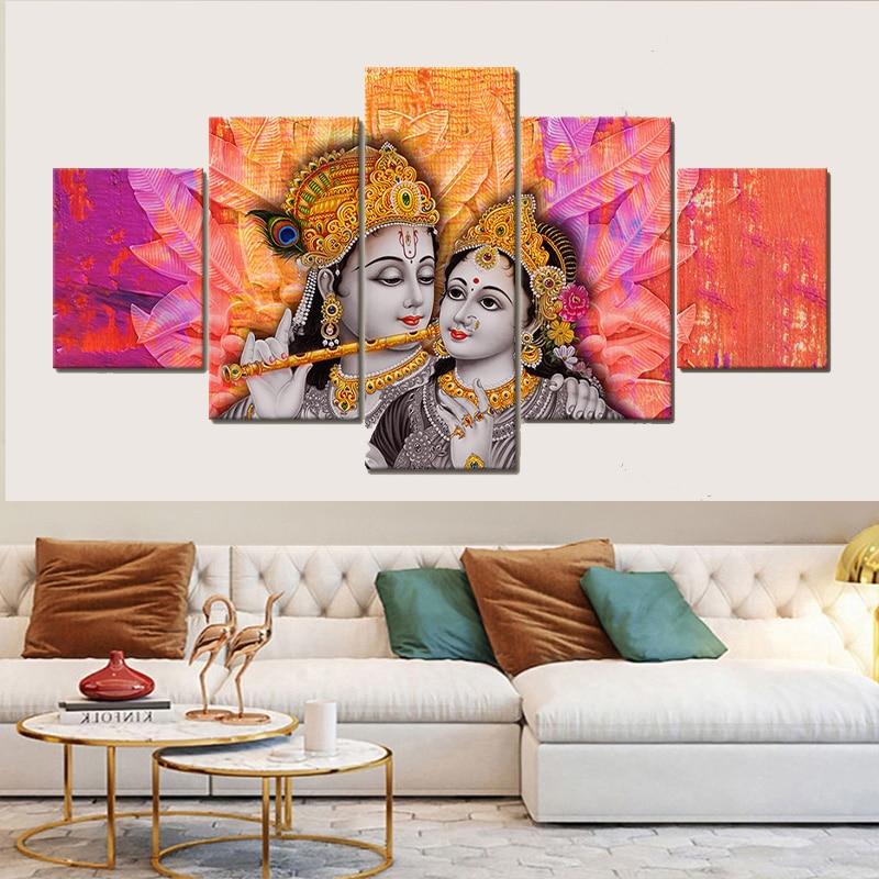5 Panels Lord Krishna Figure Canvas Painting Nordic Abstract Posters and Prints Wall Picture for Living Room Home Decor No Frame