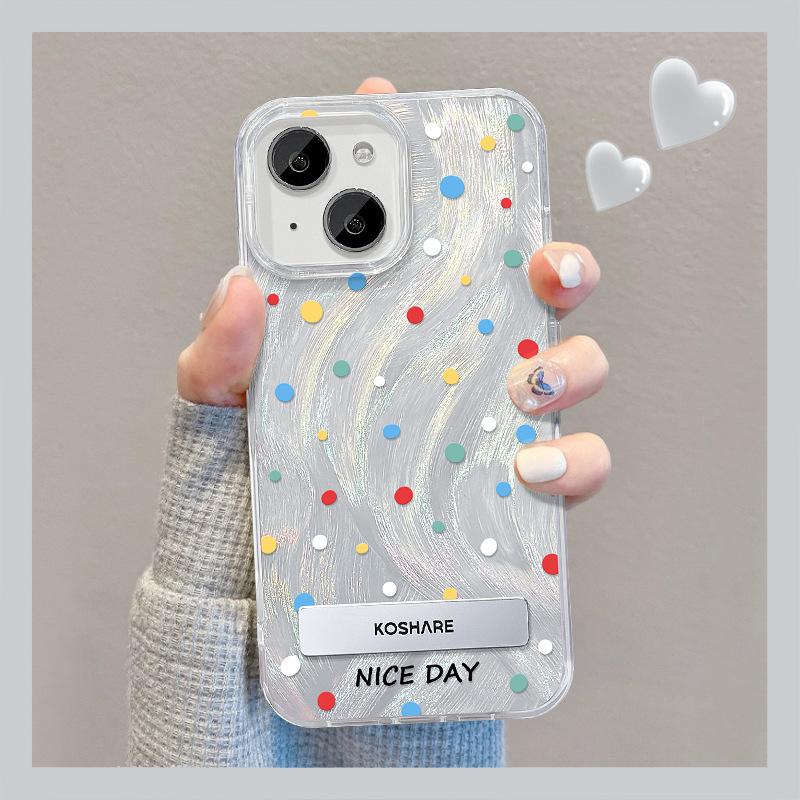 Applicable To Apple 15 Mobile Phone Case Iphone14promax Color Polka Dot Stand 13 Feather Yarn 12 High-end Large Hole