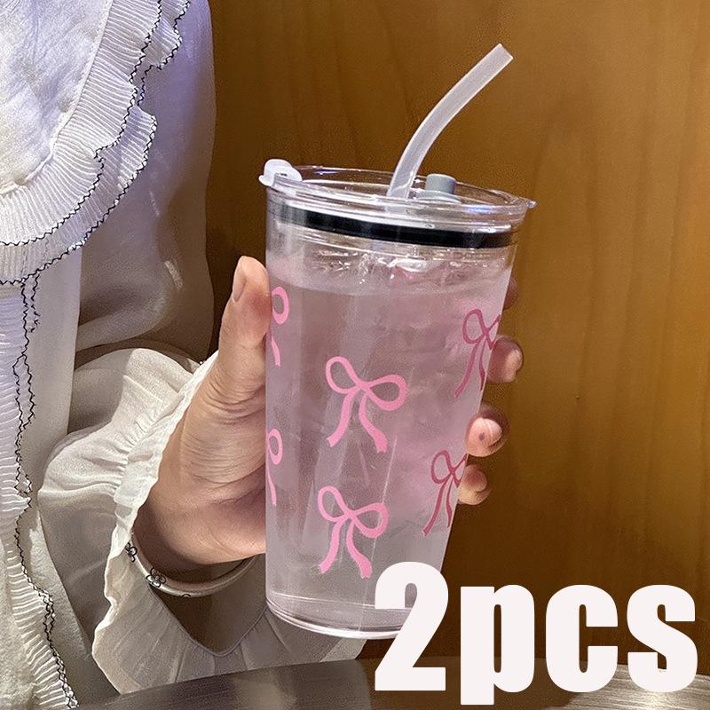 1/2/3pcs 450ml Pink Bow Plastic Cup With Straw And Lid Transparent Milk Coffee Drink Mug Household Travel Ins Water Drinking Cup