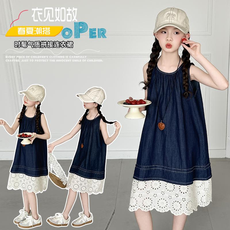 Girls' summer sleeveless denim dress 2026 new item girls' tank top dress children's vacation style princess dress