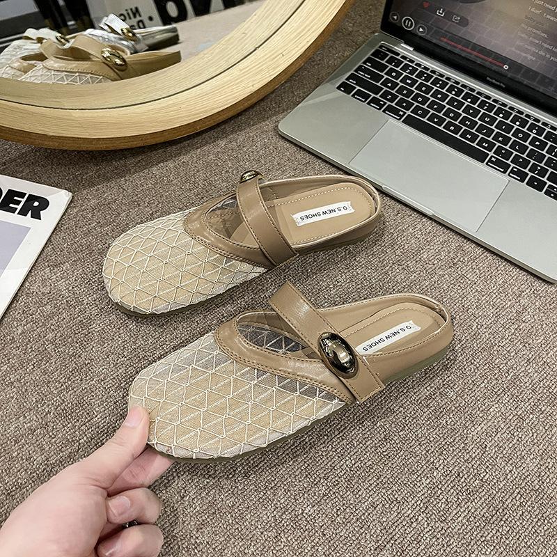 French flat-bottomed bag head half slippers women's summer wear 2025 new one-pedal with skirt single shoes fishing net cool slippers