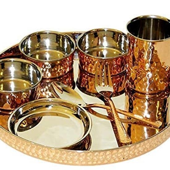 Copper Traditional Dinner Set of Plate, Bowls, Fork, Glass Spoon , Diameter 13 Inch Stainless Steel Copperware Thali (Set of 8 pieces)