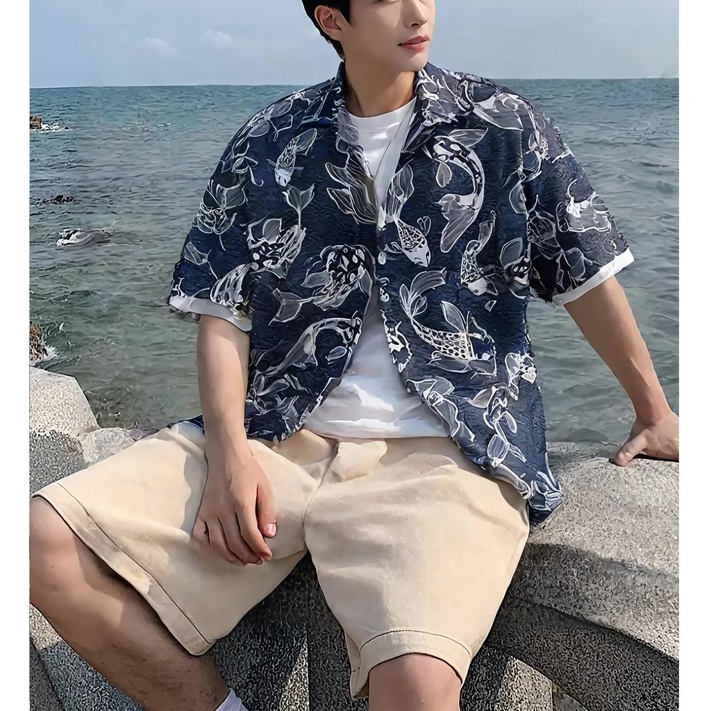 Stabbon Floral White Short Sleeve Aloha Goldfish Stylish Japanese Hawaiian Open Ultra Breathable Men's Shirt, Summer/Spring Wear, Print, Beachwear,