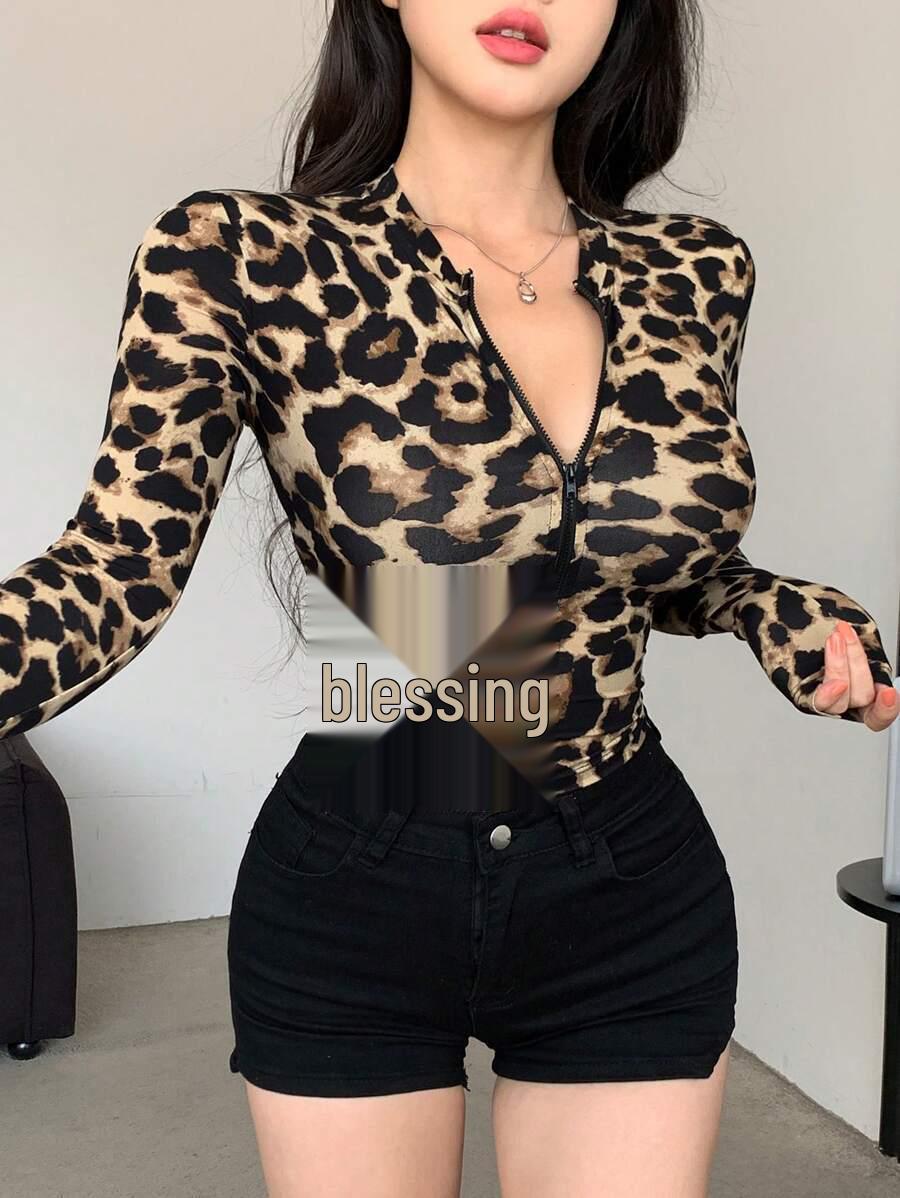 

2025 Autumn Women s Leopard Print Zipper Cardigan S