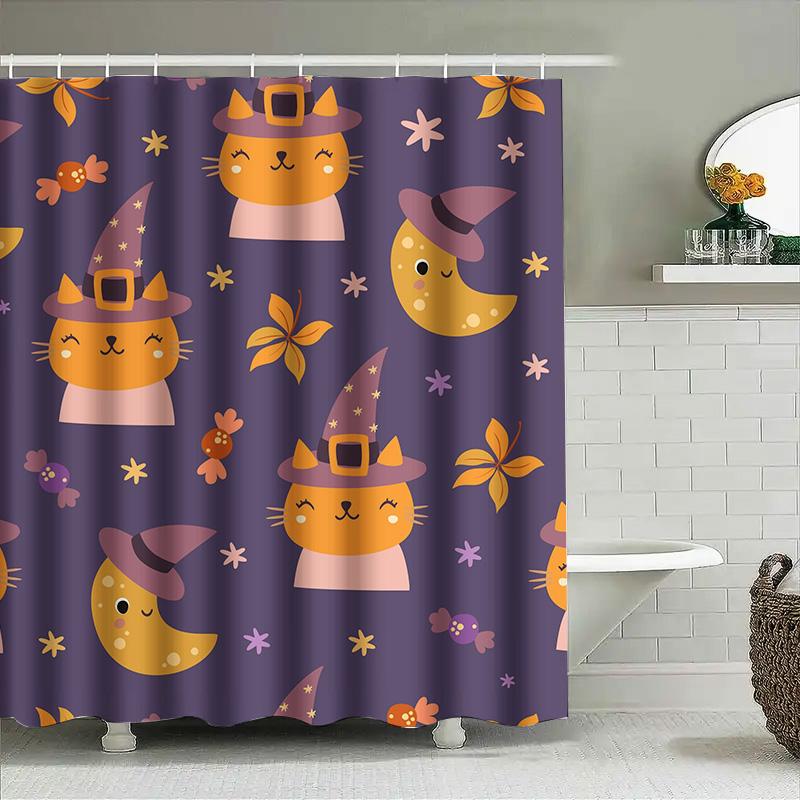 

Tuniu Cute Cartoon Cats & Witch Shower Curtain Funny Bathroom Decor For Kids & Adults Halloween Gift W60H190(CM)-1 Pcs