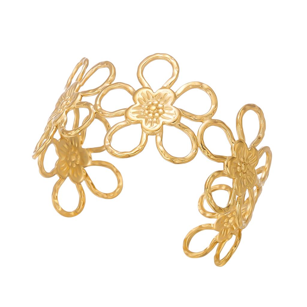 Sweet Hollow Flower Stainless Steel Cuff Bracelet for Women Oversized Gold Color Foral Open Bangle Party Chunky Jewelry Gift