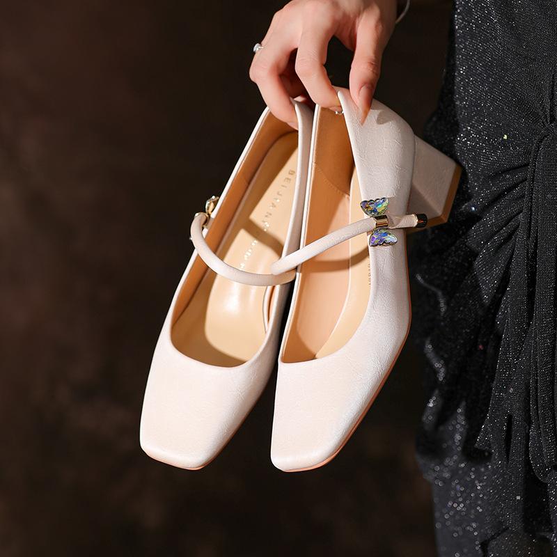 Sheepskin version thick heel Mary Jane shoes women's head retro single shoes butterfly diamond jewelry with autumn