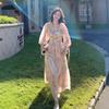 Women's Floral Chiffon Puff Sleeve Dress - French Square Neck, Spring/Autumn Fairy Mori Girl Style