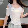 Asymmetric Off‑Shoulder Short Sleeve Top Gingham Bow Strap Decorative Button Side Ruched Slim Women Tee