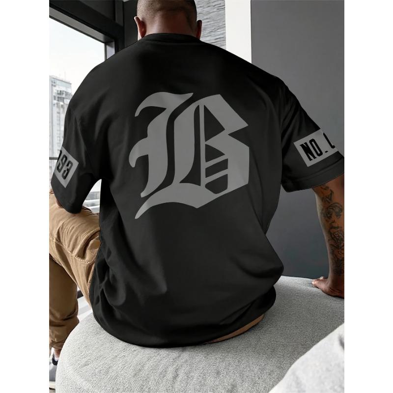 3D Men s Casual Round Neck Short Sleeved T-shirt with Bold B Design S