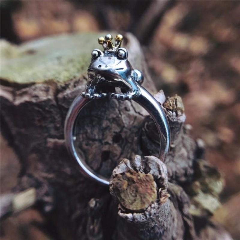 Adjustable Open Ring Men Women Sterling Crown Frog Design Vintage Artisan Jewelry