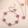 3PCS Titanium Steel Non Fading Double-sided Clover Set Necklace Bracelet Earrings