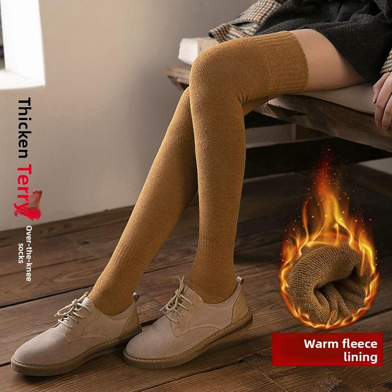 Warm Thigh-high Socks, Women's Over-the-knee Socks, Versatile Loop Socks, Mid-calf with Fleece for Autumn and Winter, High-calf Anti-slip Fleece
