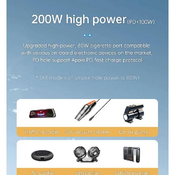 200W Car Charger Fast Charging Voltage Display USB 100W PD 30W 4 in 1 Dual 12V/24V Cigarette Lighter Splitter Power Adapter