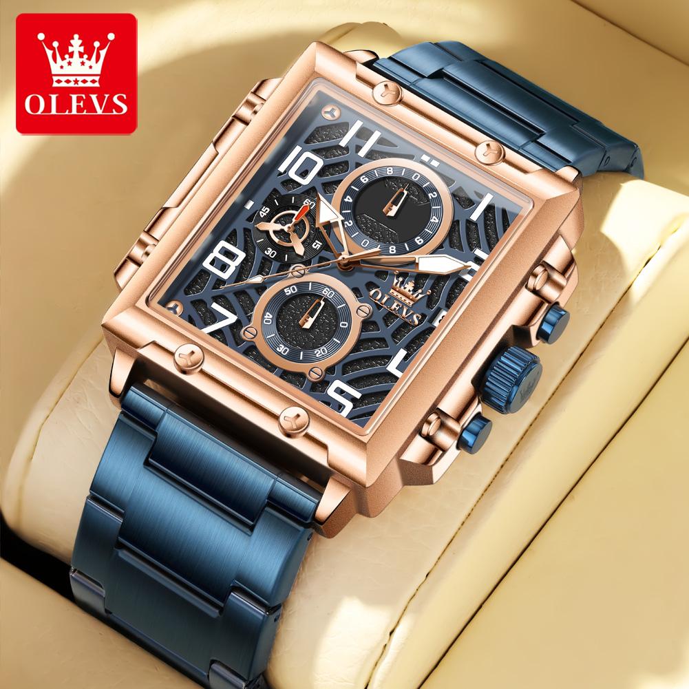 OLEVS 2958 Herrenuhren Top-Marke Quadratisches Zifferblatt Edelstahl Wasserdicht Leuchtend Sport Chronograph Quarz Armbanduhr für Mann