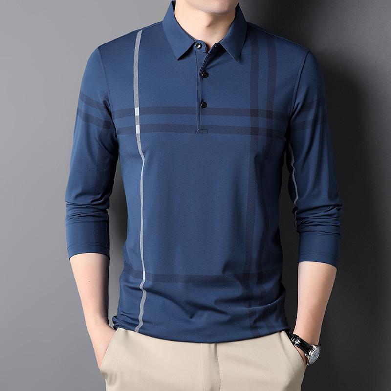 Volné pánské polo tričko Jaro Nové Pruhované Tištěné Klopa Dlouhý rukáv Ležérní Módní Pánské tričko
