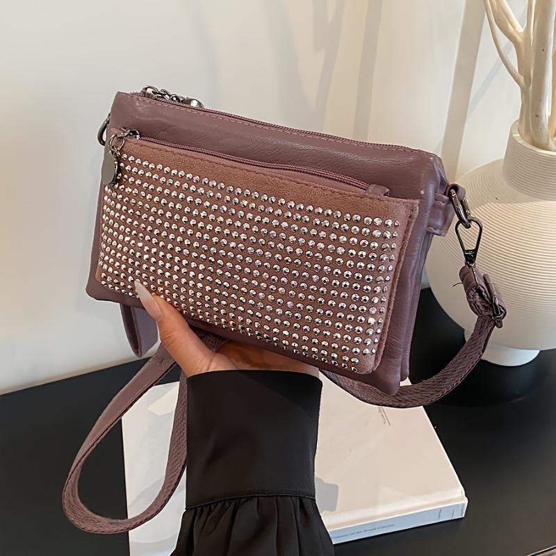 Rhinestone-Studded Shoulder Bags for Women Zip Closure Trendy Small Square Ladies Clutch Bag Small Crossbody Bags for Women