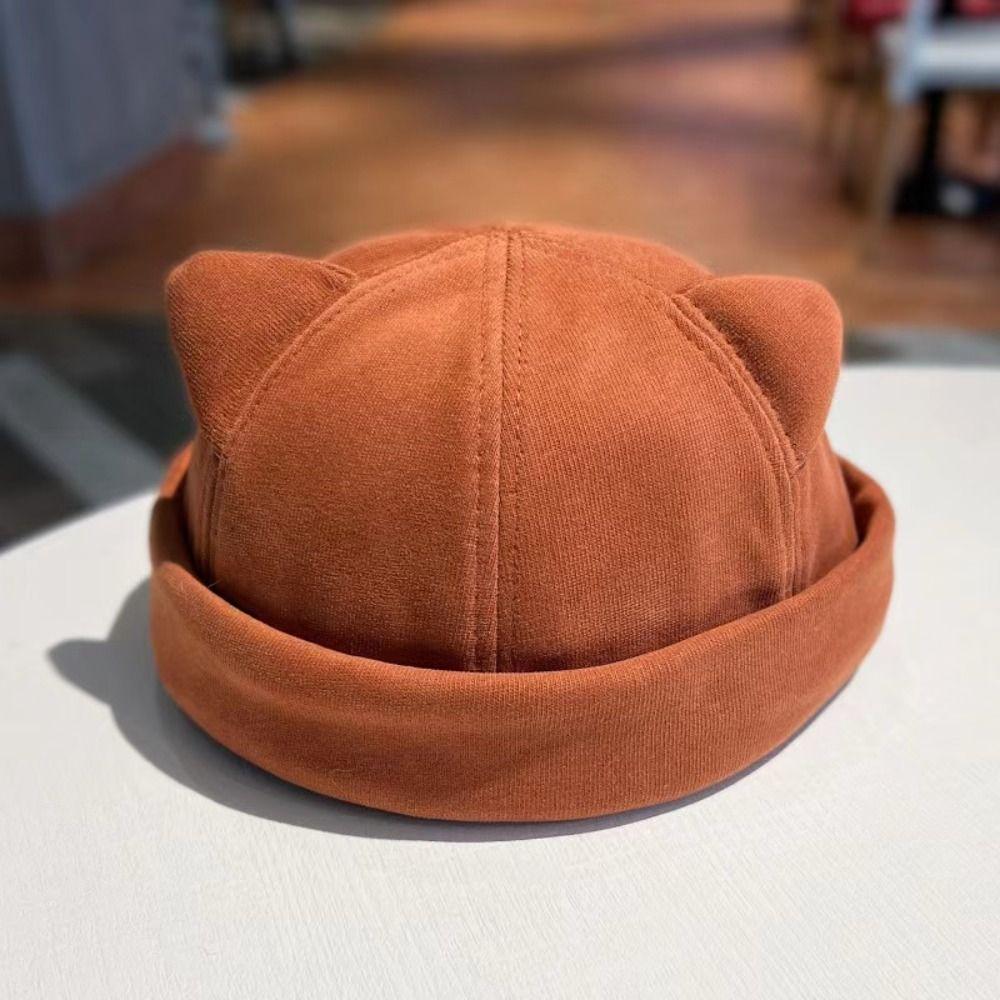 Polyester Melon Skin Cap Wool Brimless Skullies Cap Fashion Cat Ear Beanie Hat  All-match