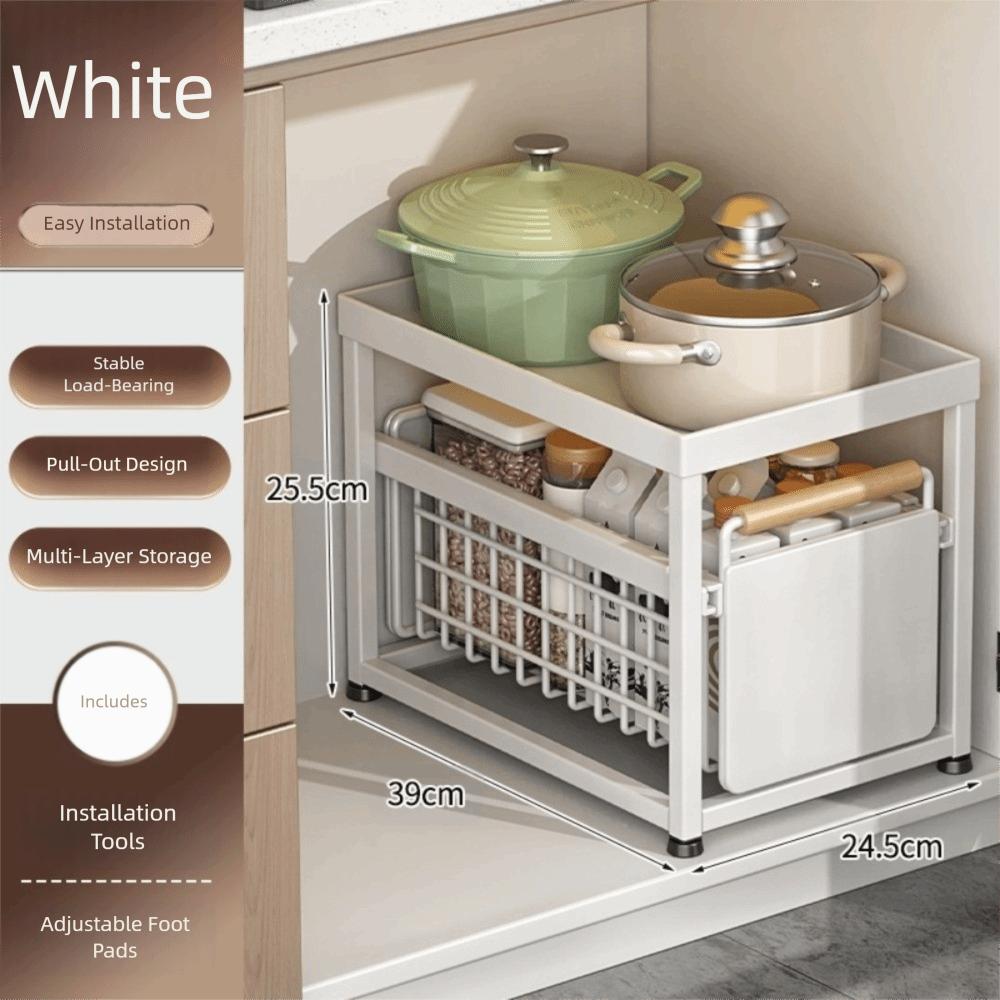 Pull Out Drawer Basket Rack with Wooden Handle Double-layer Under Sink Rack Organizer Sliding Kitchen Storage Rack