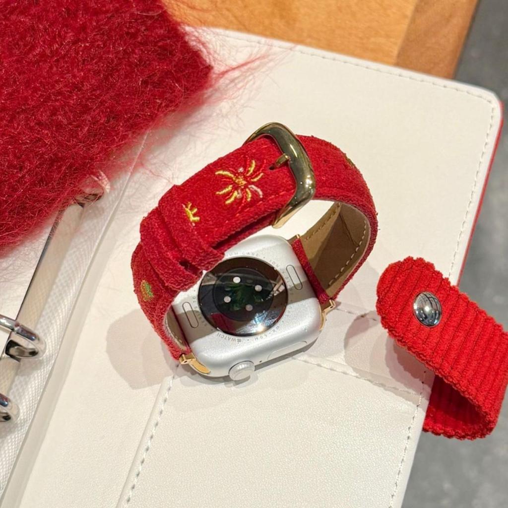 New Year Small Horse Embroidery Velvet Leather Strap for Apple Watch Series 11 10/9/8 Ultra SE