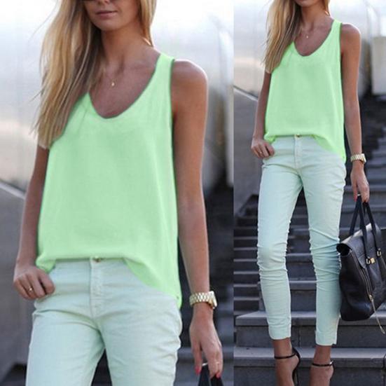 Solid Color Round Neck Sleeveless Chiffon Blouse Summer Women Vest Tank Top