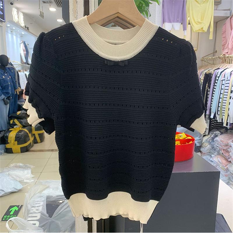 

Весенне-летний цветной свитер с короткими рукавами, трикотажный свитер с короткими рукавами, женский, с укороченным низом, тонкие топы, повседневные облегающие свитера, футболки One Size чёрный
