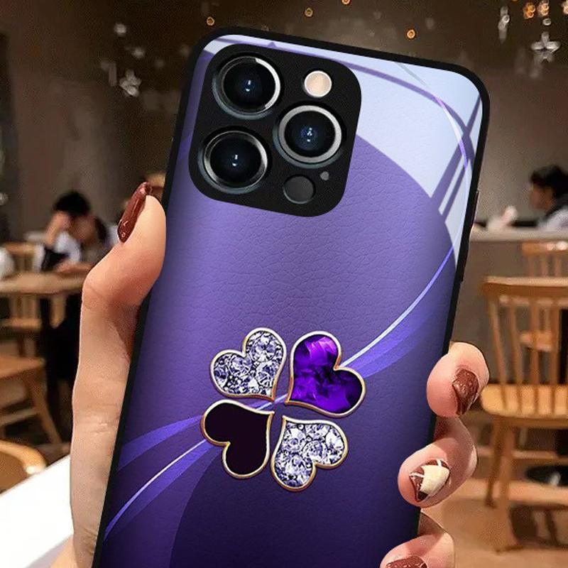 Purple Heart Diamond Clover Tempered Glass Black Phone Case For iPhone 11 12 13 14 15 16 17 Pro Max 17 Air 7 Plus XS X XR Cover