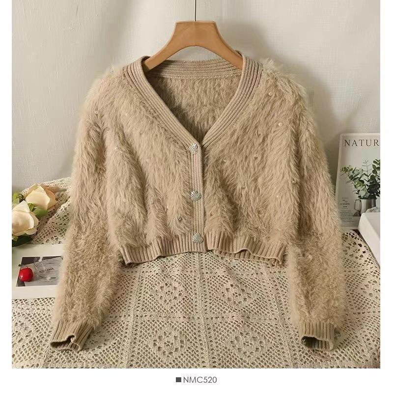 Small Perfume Style Beading Imitation Mink Velvet Sweater Jacket Women Loose Short V-neck Knitted Cardigan Comfortable Versatile and Fashionable