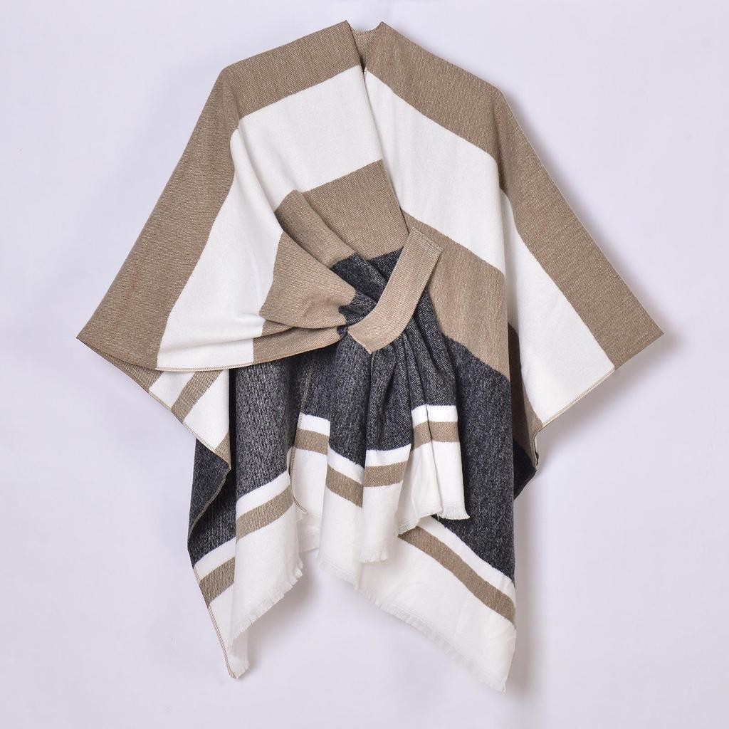 Women's Reversible Thickened Imitation Cashmere Shawl Cape Poncho Scarf