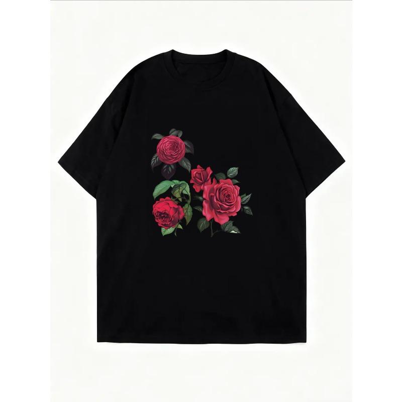 Women Casual T Shirt White Rose Floral Print Summer Outfit Top For Everyday Wear