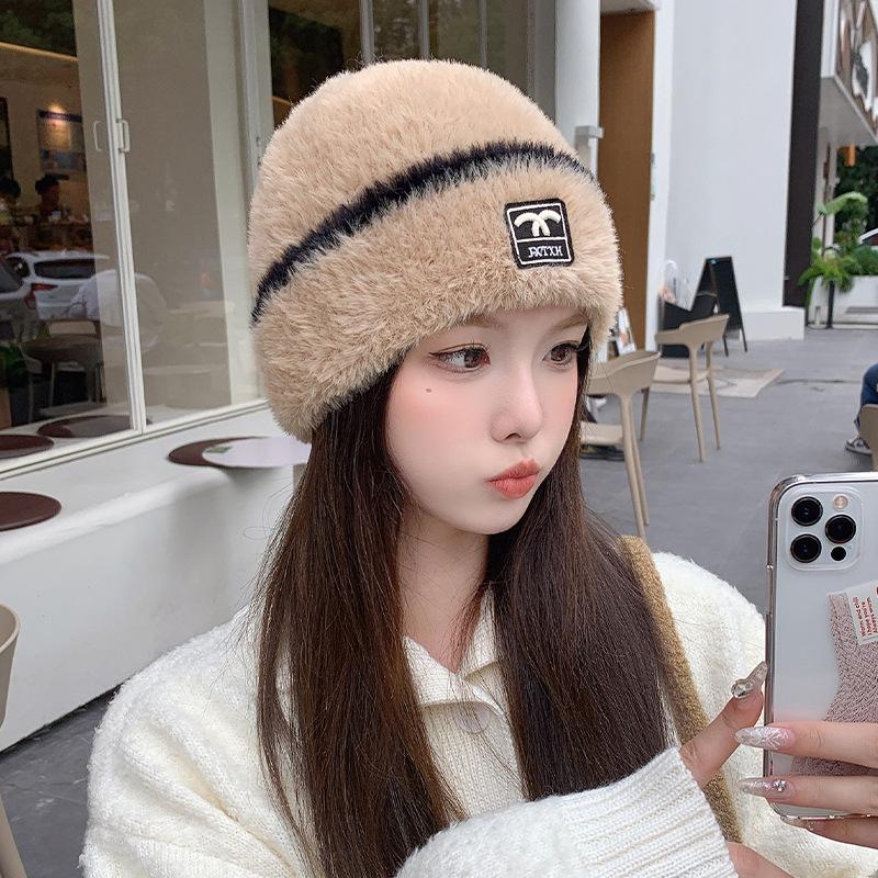Plush Hat Women's Autumn and Winter Mink Thickened Warm Sweet Cute Knitted Wool Hat Versatile Pullover New