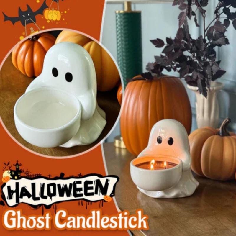 Ceramic Ghostly Figurine Candle Stand Halloween Themed Decorative Accent Candy Serving Tray For Holiday Table Setting