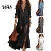 Stylish Women Sundress Women's Faux Denim Shirt Dress, Long Sleeve Mesh Patchwork Pleated Detail Dress Maxi Button Down Ruffle Sheer Printed