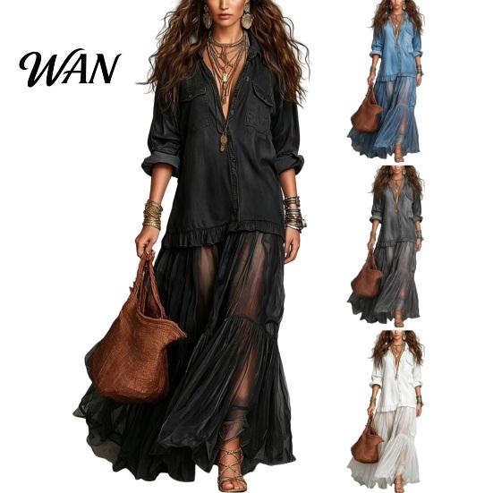Stylish Women Sundress Women's Faux Denim Shirt Dress, Long Sleeve Mesh Patchwork Pleated Detail Dress Maxi Button Down Ruffle Sheer Printed