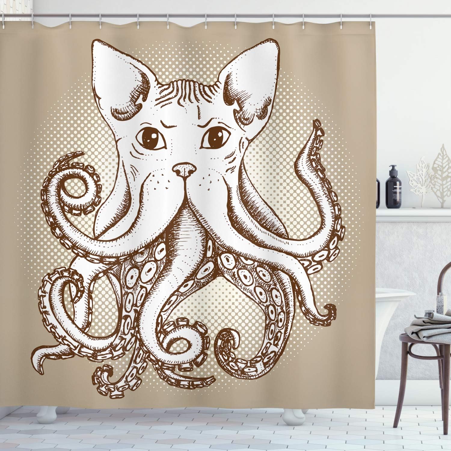 

Octopus Cat Shower Curtain Fantasy Animal Art Surreal Creature Design Cute Pet Theme Bathroom Decor Whimsical Octocat Print W60H190(CM)-1 Pcs