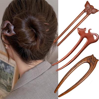 Wood Wooden Hair Stick U-Shaped Hair Fork Cat Butterfly Chinese Style Fashion Hairpin Buns Rabbit Headwear Girl Hair Accessories