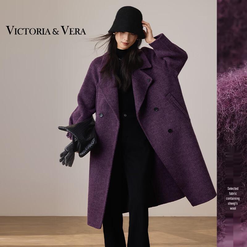 

VICTORIA&VERA Women s Premium Double-Breasted Wool Blend Longline Coat V9019D01 S