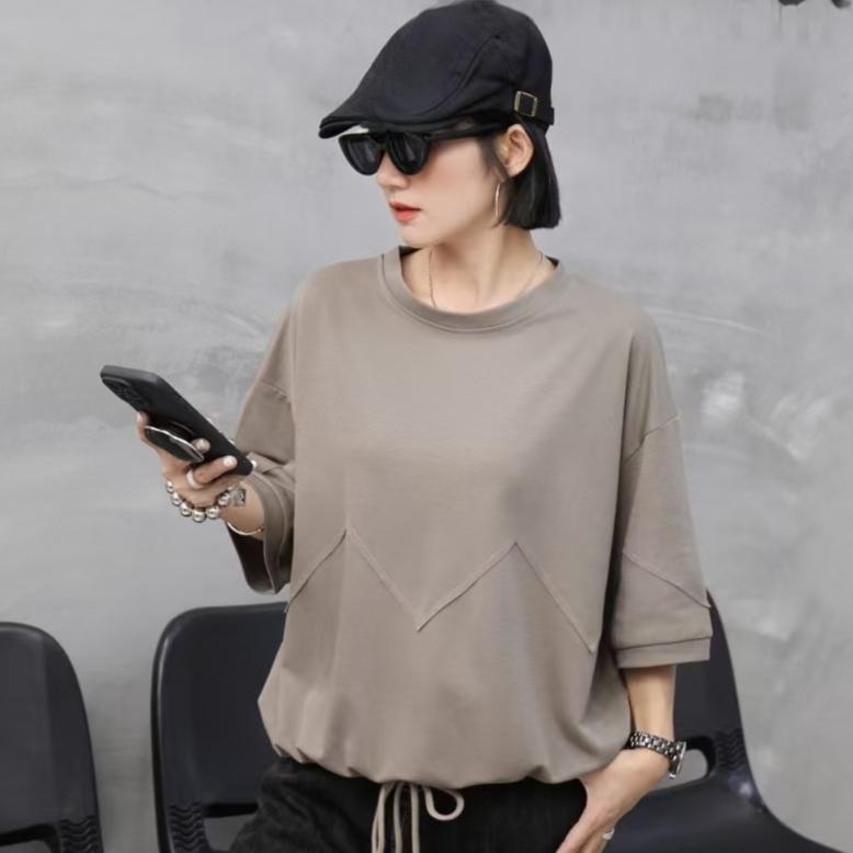 DIMANAF 2025 Plus Size Summer Solid Bat Stripe T-shirt Women Short Sleeve Loose Tops New Tees