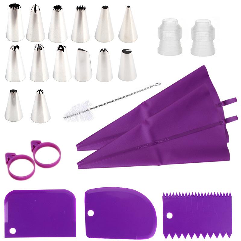 24Pc Set Pruple Blue Pink Silicone Bag Pastry Mold Lcing Piping Nozzle and Bakery Accessories Novelties Decoration Kitchen Tools