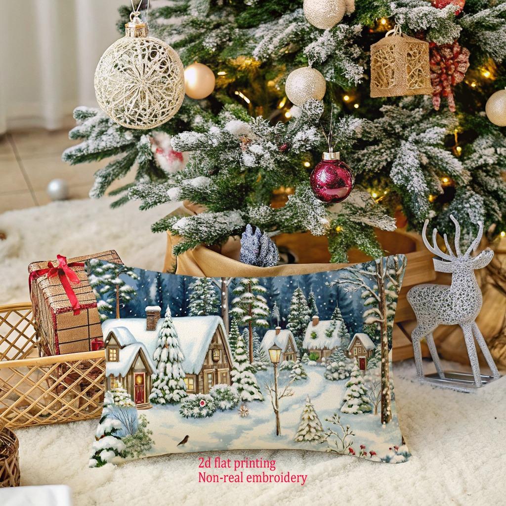 Christmas Snowy Village Pillowcase: 2D Flat Printed For Festive Charm! Sofa Cushion Cover, New Year Home Decoration
