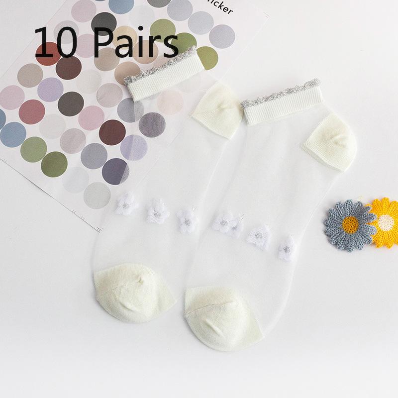 10 Pairs of Women's Summer Thin Silver Lace Small Flower Mesh Transparent Shallow Mouth Invisible Boat Socks